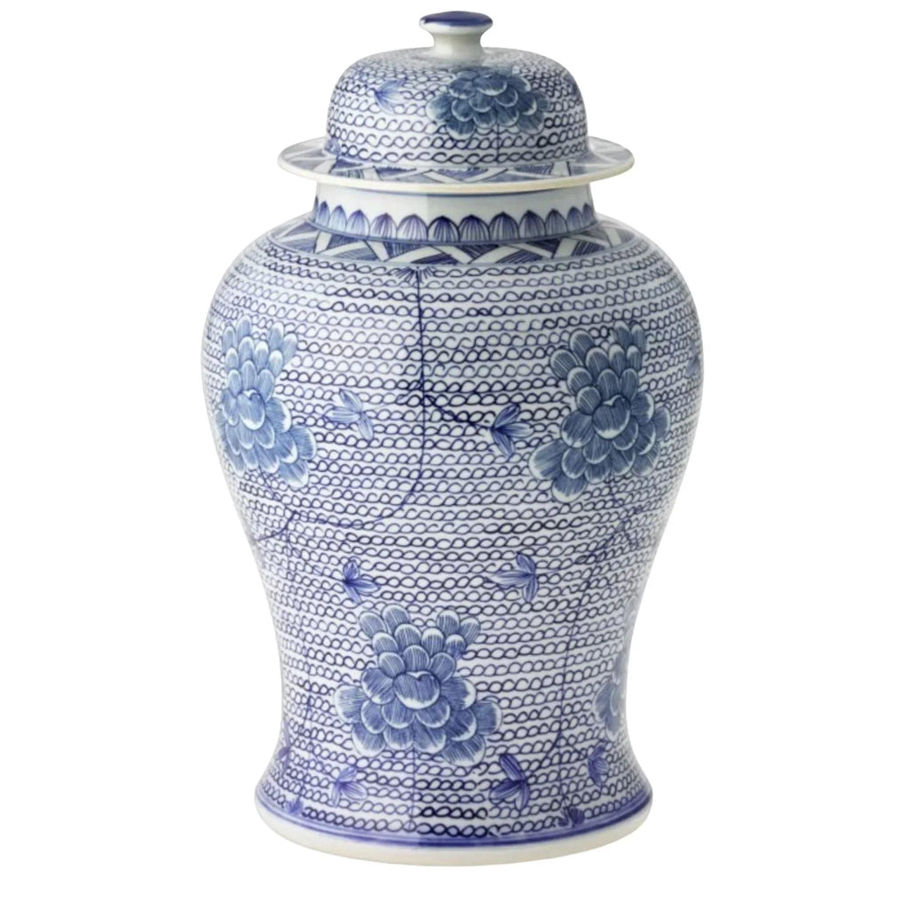Large Blue and White Porcelain Temple Jar with Flowers - Vases & Jars - The Well Appointed House