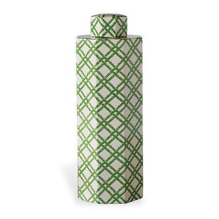 Large Green & Cream Porcelain Tea Jar With Bamboo Trellis Design - Vases & Jars - The Well Appointed House