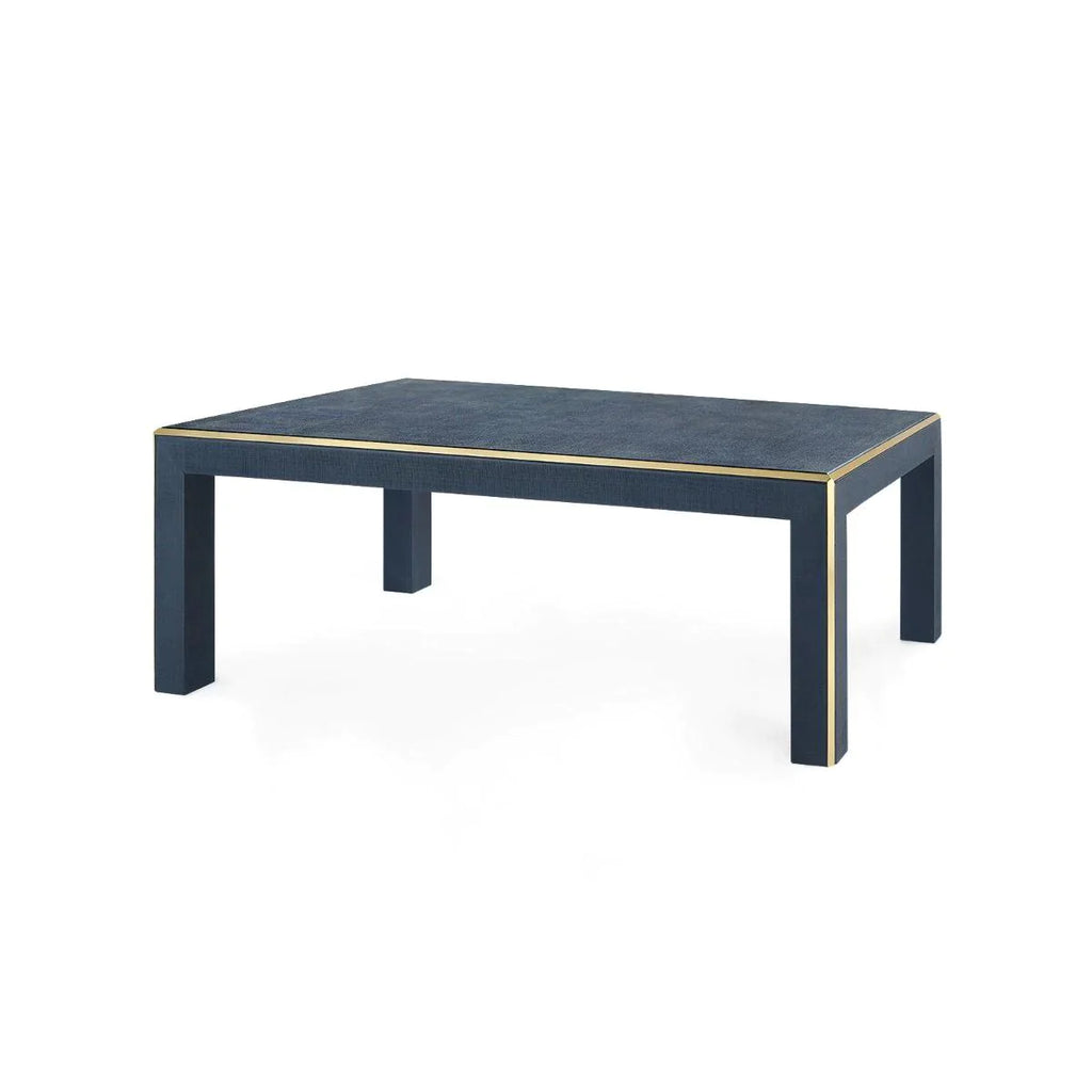Lauren Storm Blue Lacquered Heavy Linen Coffee Table with Brush Brass Accents - Coffee Tables - The Well Appointed House
