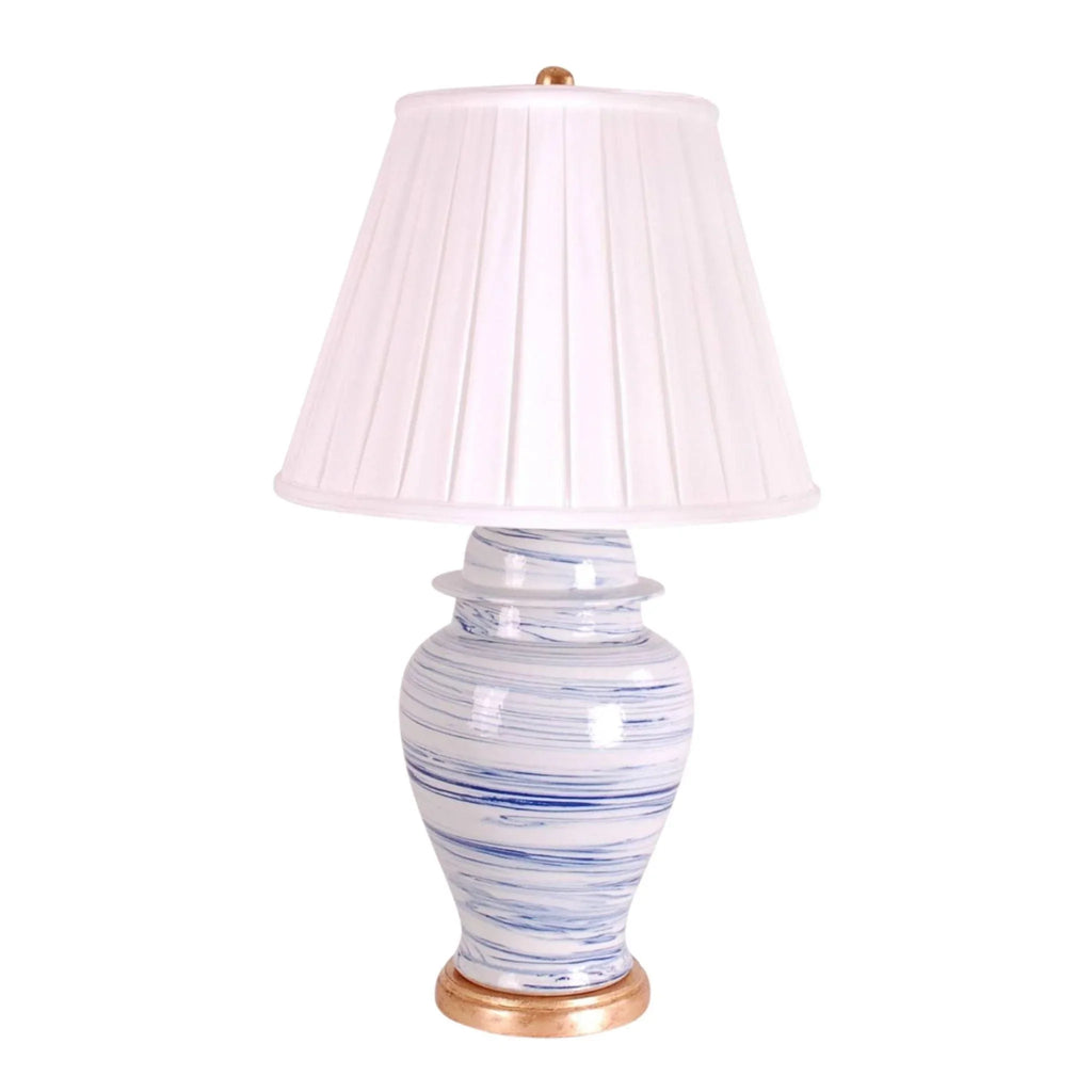 Light Blue & White Porcelain Swirl Jar Table Lamp With Gold Leaf Base - Table Lamps - The Well Appointed House
