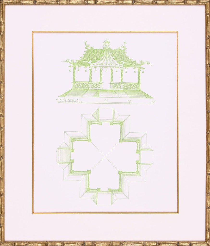 Lime Green Pagoda Design II Lithograph in Gold Frame - Paintings - The Well Appointed House