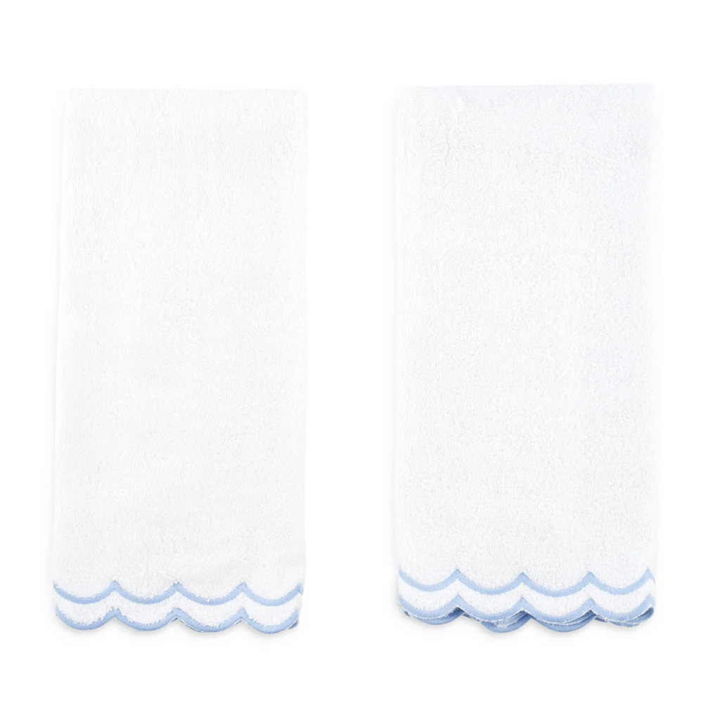 Pair of White Scalloped Edge Embroidered Cotton Face Towels - The Well Appointed House
