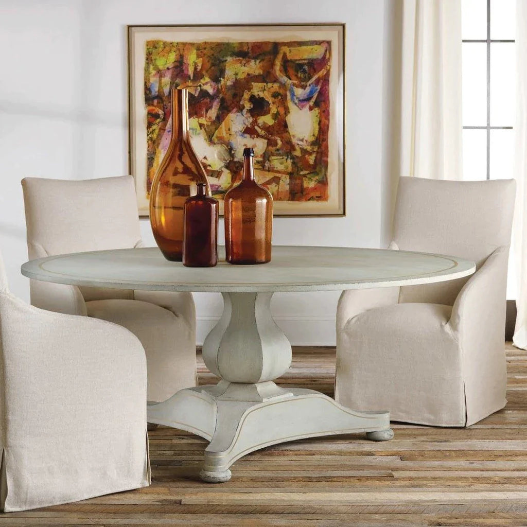 Modern History 72” Painted Antique Grey Continental Dining Table with Gold Leaf Detailing - Dining Tables - The Well Appointed House