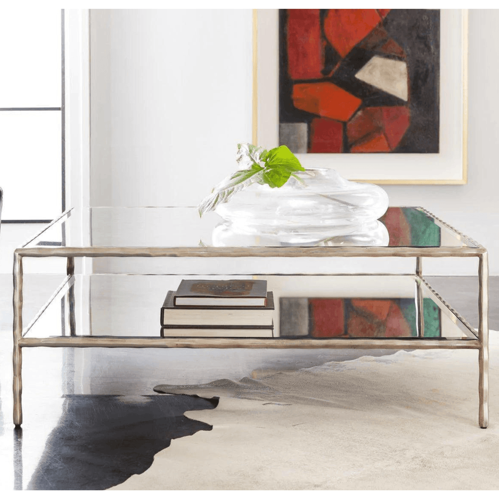 Modern History Antique Aluminum Organic Square Coffee Table With Antique Glass Shelf and Top - Coffee Tables - The Well Appointed House