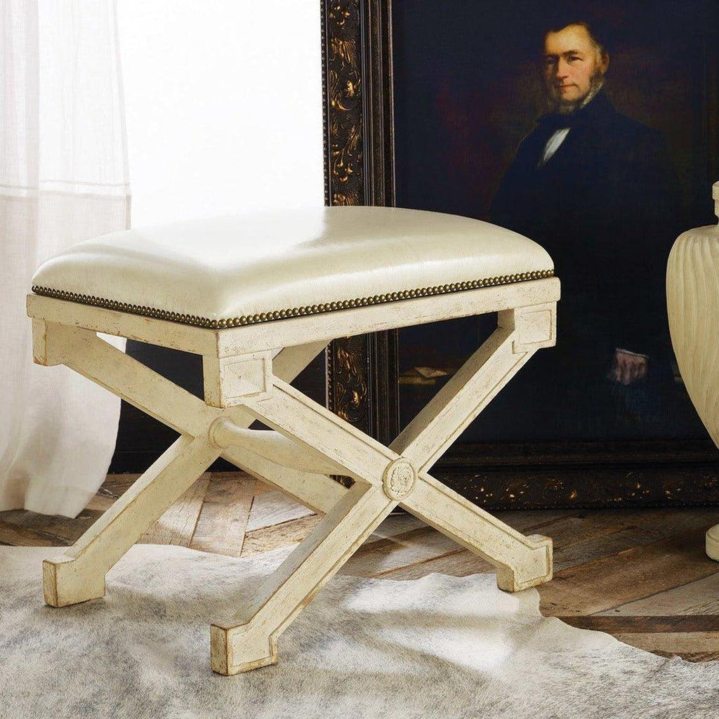 Modern History Antique Painted Continental Stool with Ivory Leather Top and Nailhead Details - Ottomans, Benches & Stools - The Well Appointed House