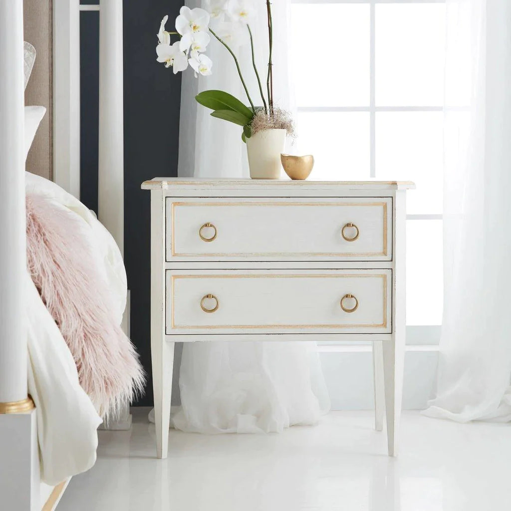 Modern History Covington Two Drawer Bedside Chest In Antique White With Gold Accents - Nightstands & Chests - The Well Appointed House