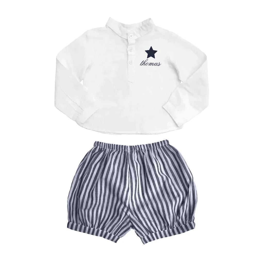 Monogrammed Baby Boy Shirt and Bloomers with Blue and White Stripes - Baby Boy Clothing - The Well Appointed House