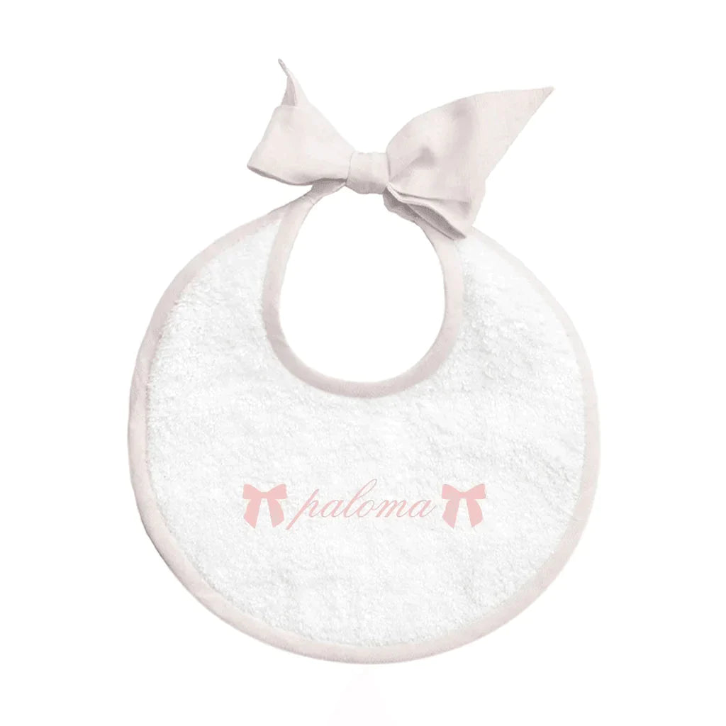 Monogrammed White Linen Bib with Pink Accents - Baby Gifts - The Well Appointed House
