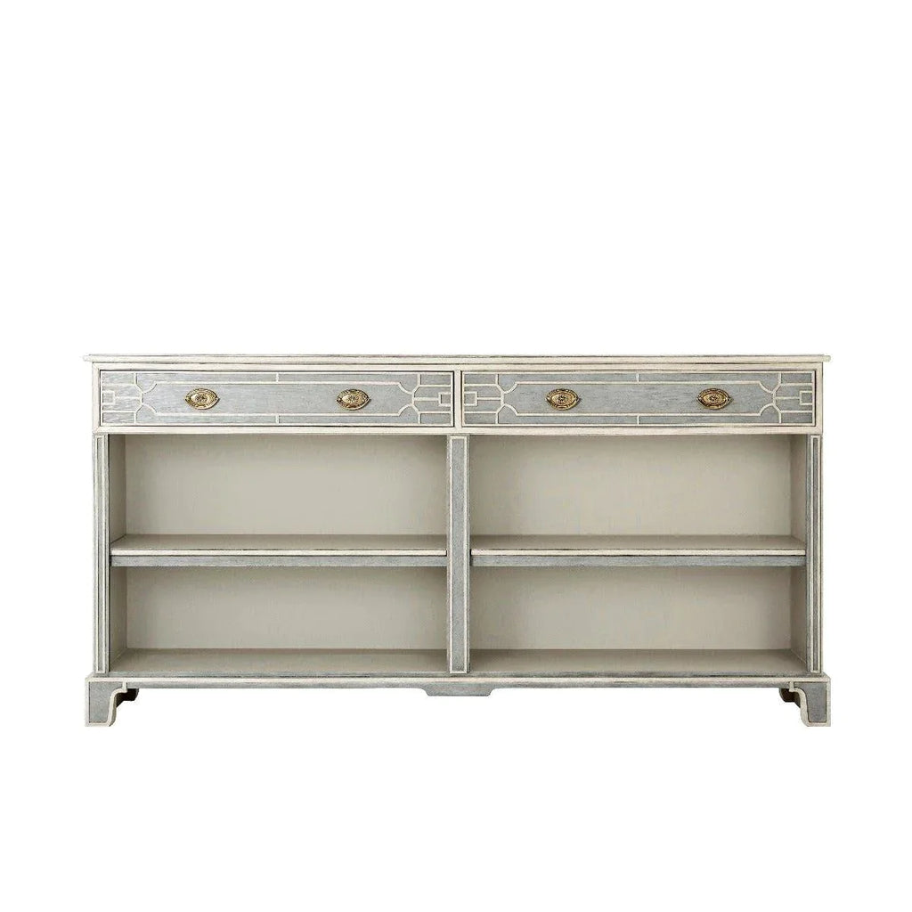 Morning Room Grey Fretwork Low Bookcase Console with Two Drawers - Bookcases & Etageres - The Well Appointed House