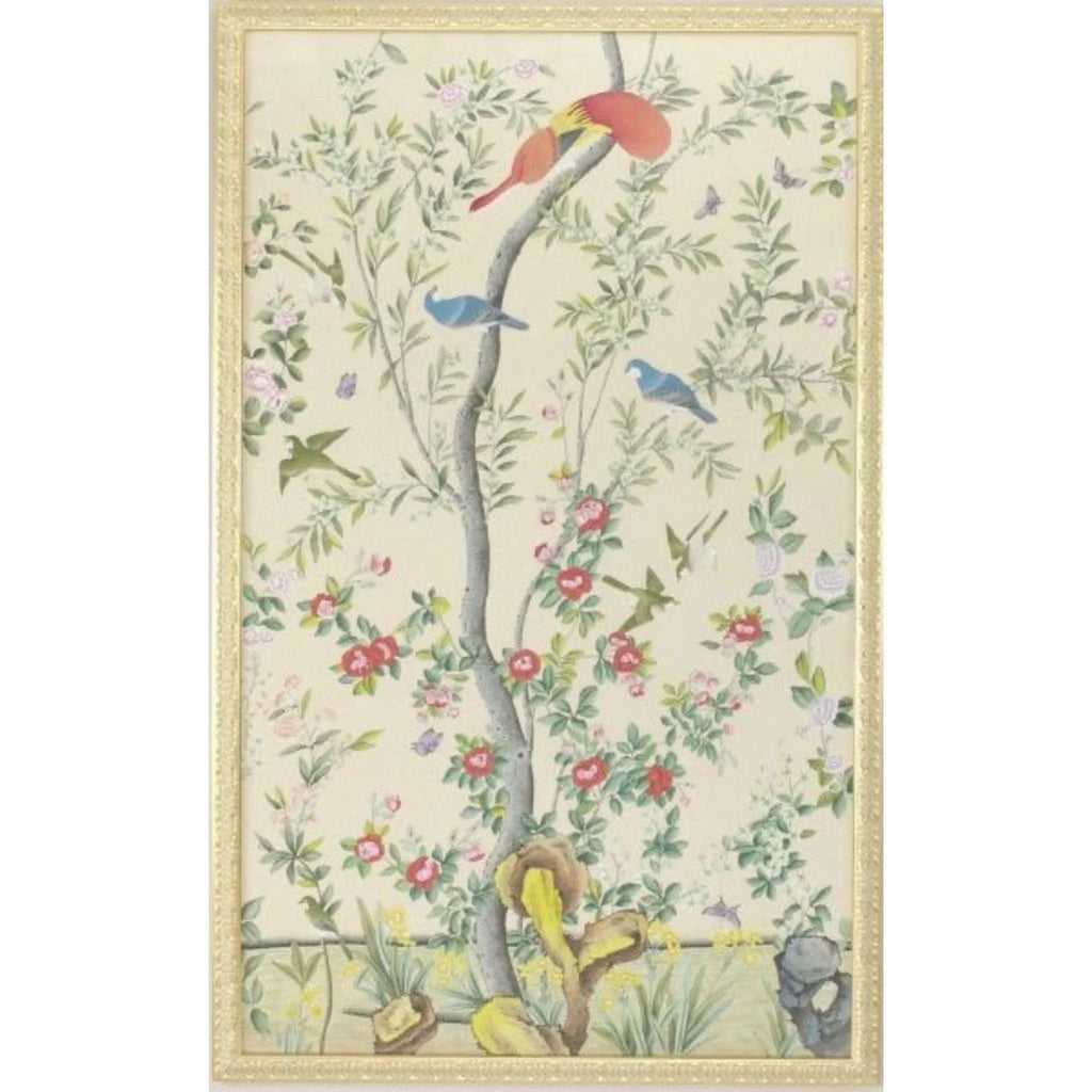 Multi Watercolor On Silk Chinoiserie Birds Panel Wall Art With Gold Frame - Paintings - The Well Appointed House