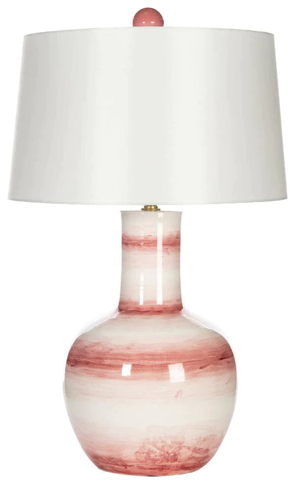 Muted Red And White Striped Ceramic Table Lamp with White Linen Shade - Table Lamps - The Well Appointed House