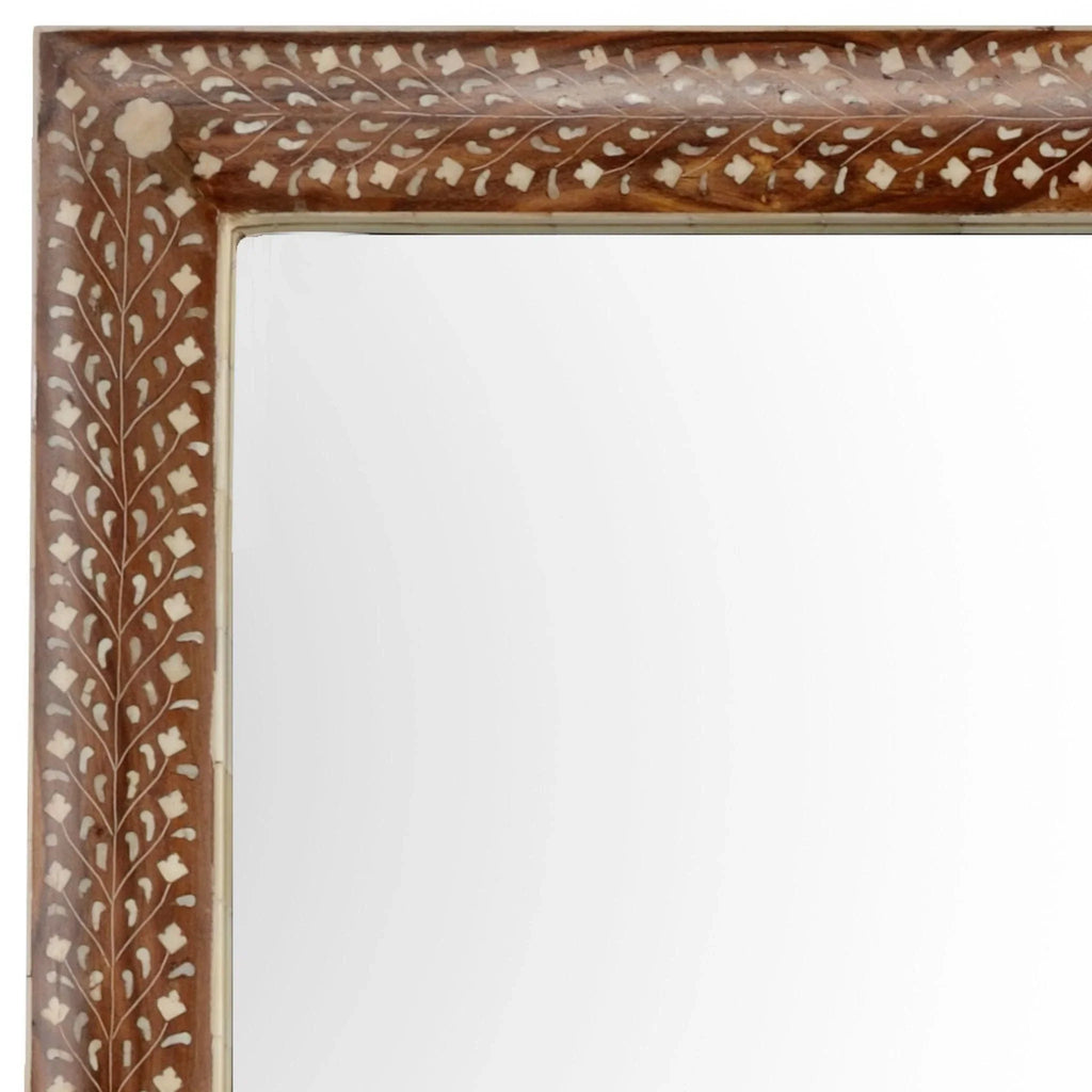 Natural Wood Frame Mirror with Floral and Vine Bone Inlay - Wall Mirrors - The Well Appointed House