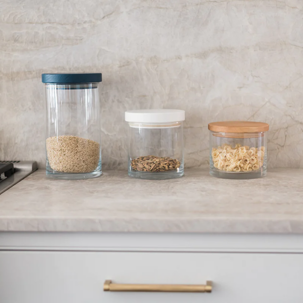 Mouthblown Glass Canisters With Navy Blue Wood Lids  - The Well Appointed House