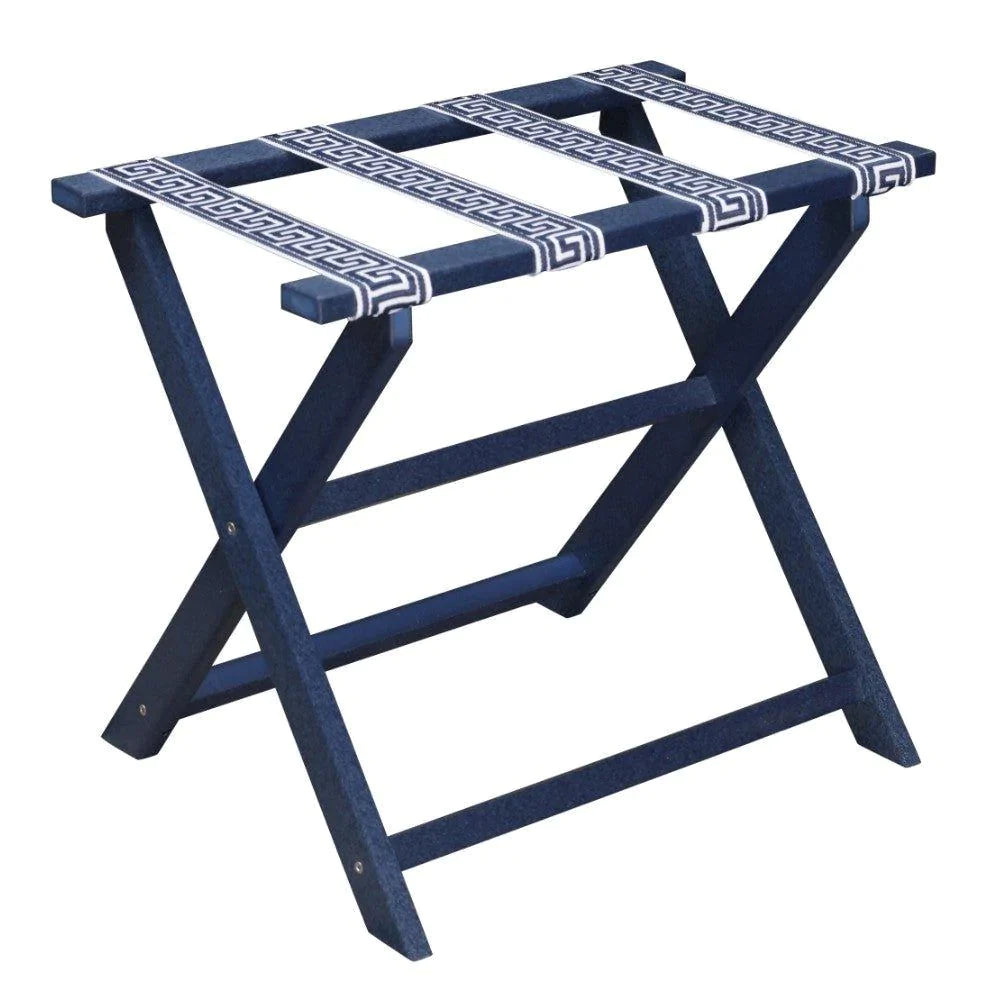 Navy Straight Leg ECO Luggage Rack with 4 White and Navy Greek Key Straps - End of Bed - The Well Appointed House
