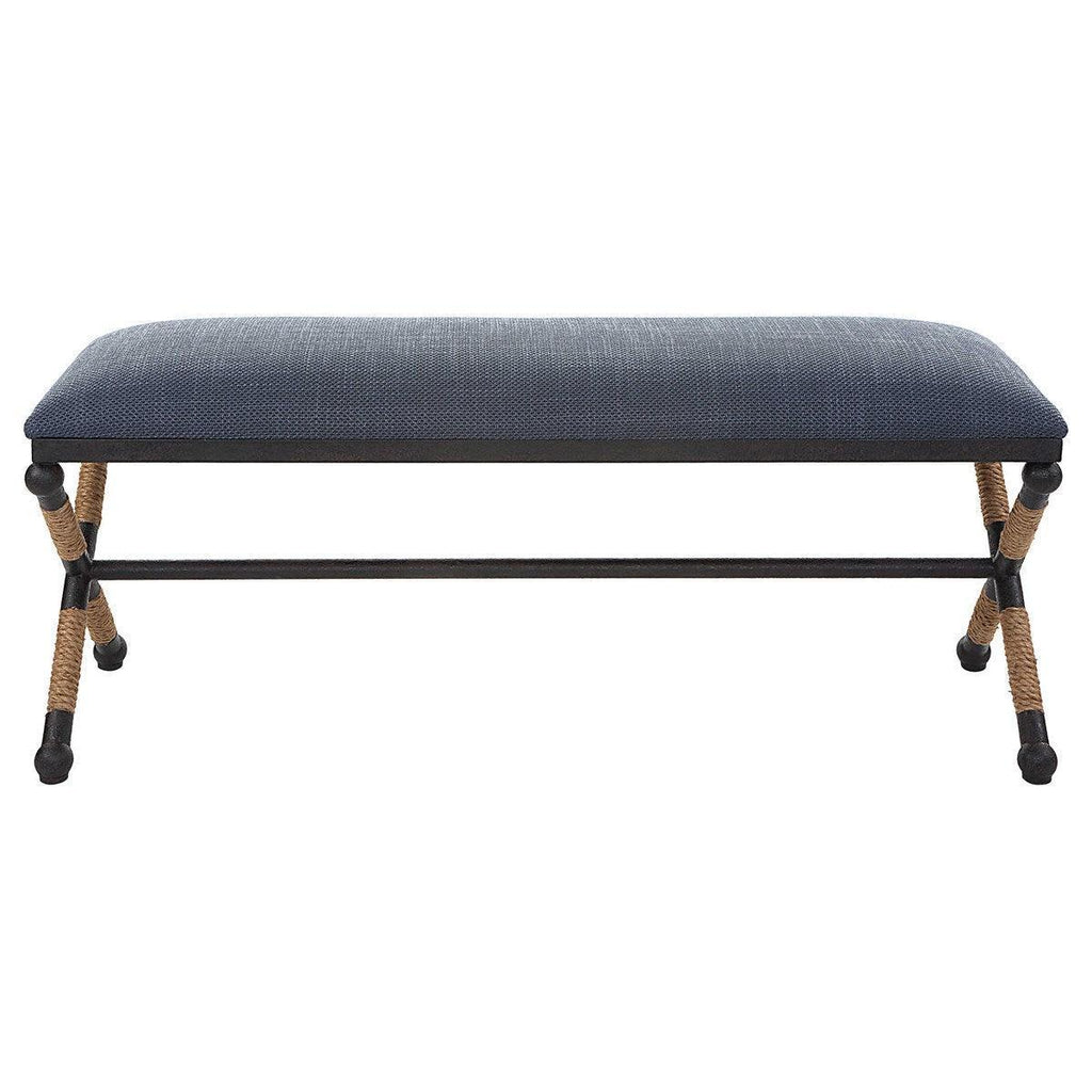 Navy Upholstered Rustic Iron Framed Bench - Ottomans, Benches & Stools - The Well Appointed House