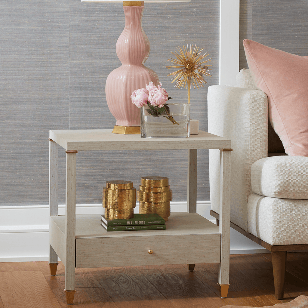 Pascal 1-Drawer Lacquered Grasscloth Side Table in Silver Shimmer - Side & Accent Tables - The Well Appointed House