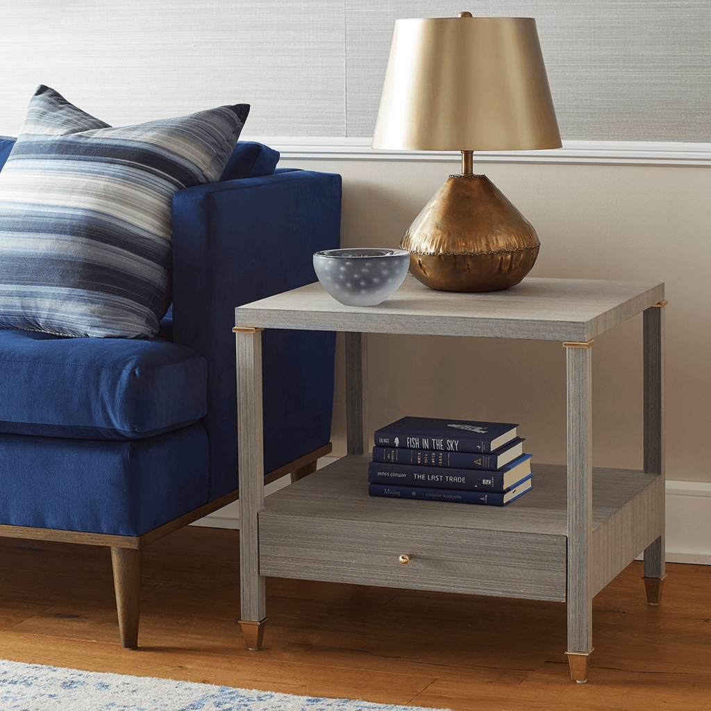 Pascal 1-Drawer Lacquered Grasscloth Side Table in Slate Blue Shimmer - Side & Accent Tables - The Well Appointed House