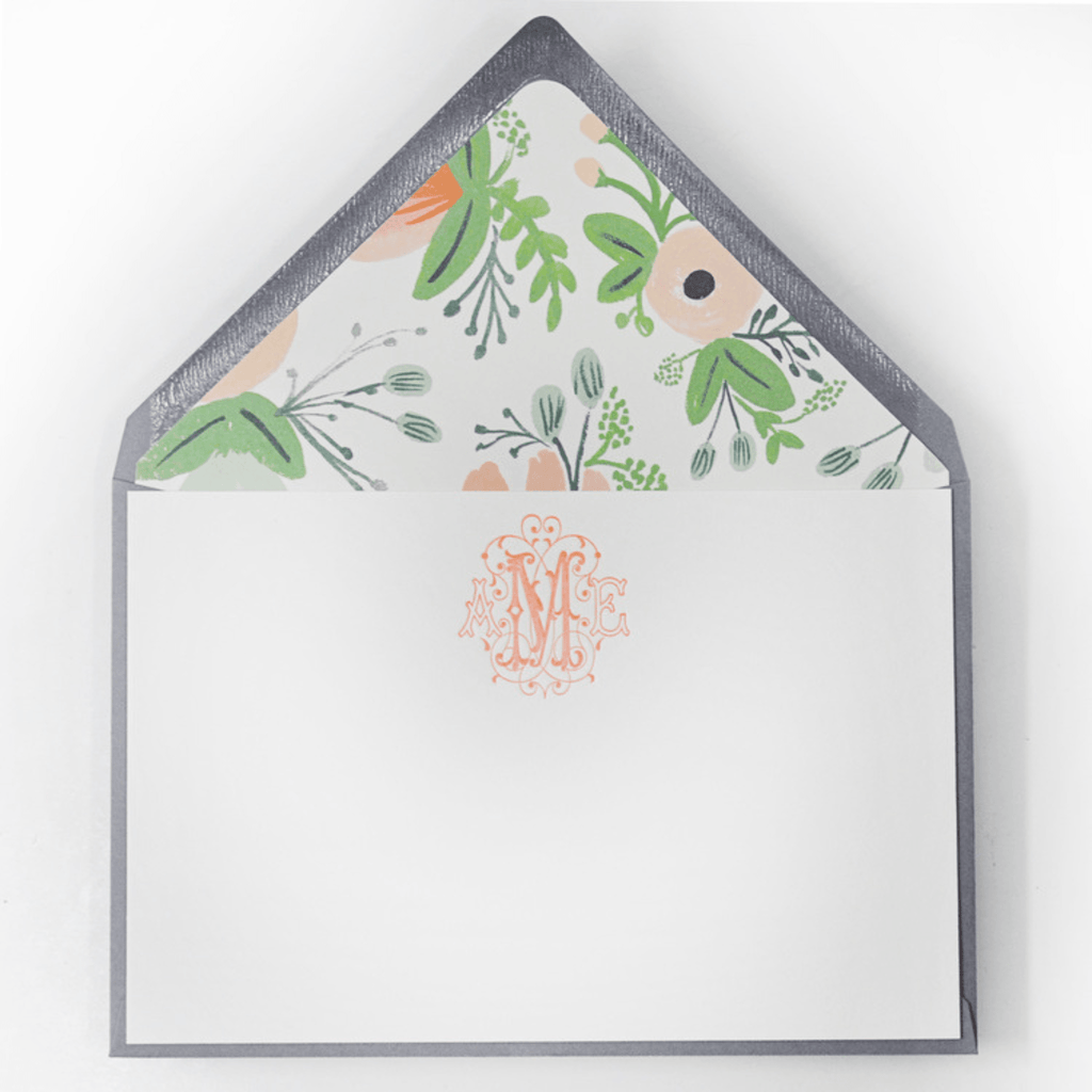Peach and Green Floral Design 16 Personalized Letterpress Note & Enclosure Cards - Stationery - The Well Appointed House