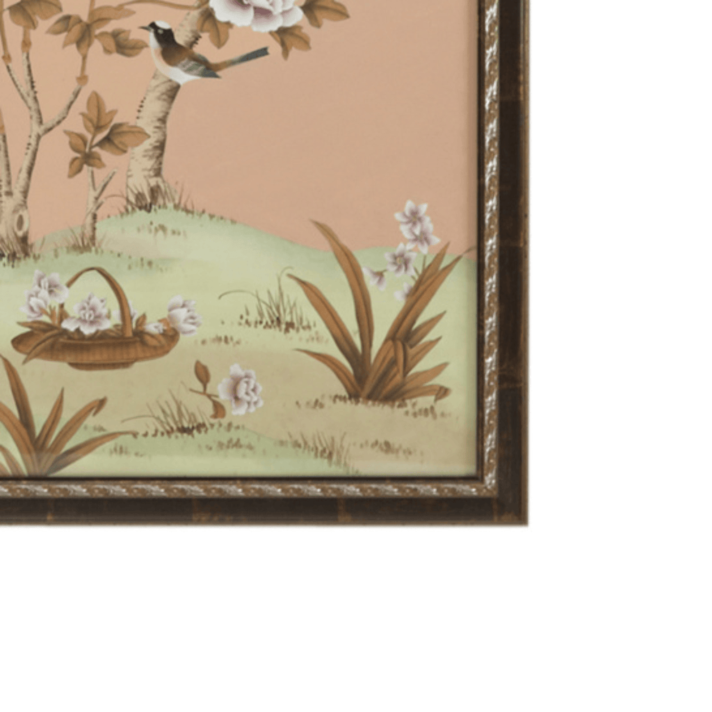 Peach Chinoiserie Panel Wall Art I With Birds and Flowers - Paintings - The Well Appointed House