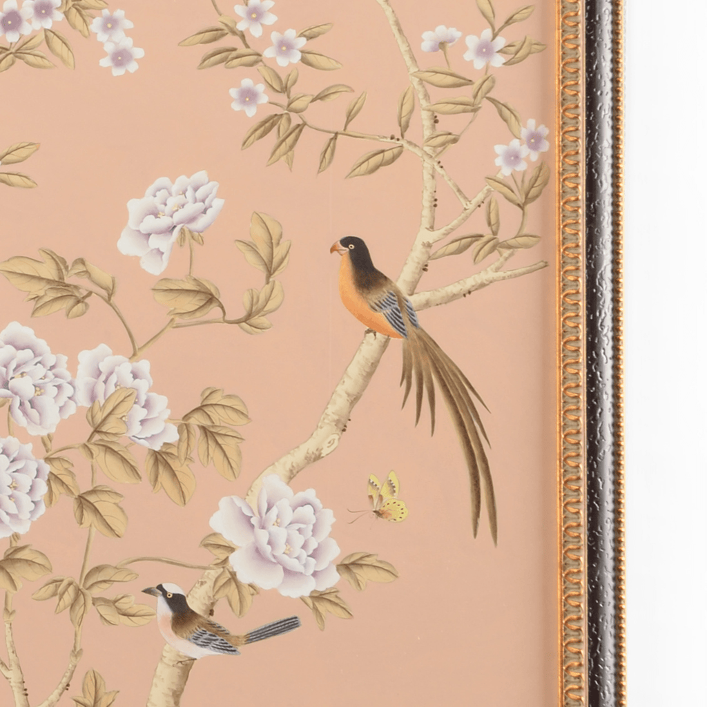 Peach Chinoiserie Panel Wall Art II With Birds and Flowers - Paintings - The Well Appointed House