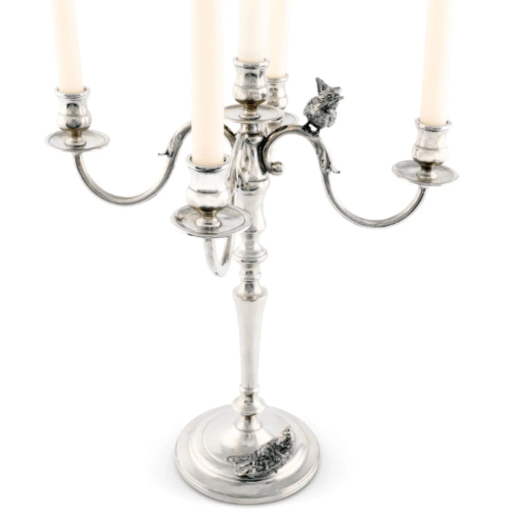 Pewter Song Bird Five Taper Candelabrum - Candlesticks & Candles - The Well Appointed House