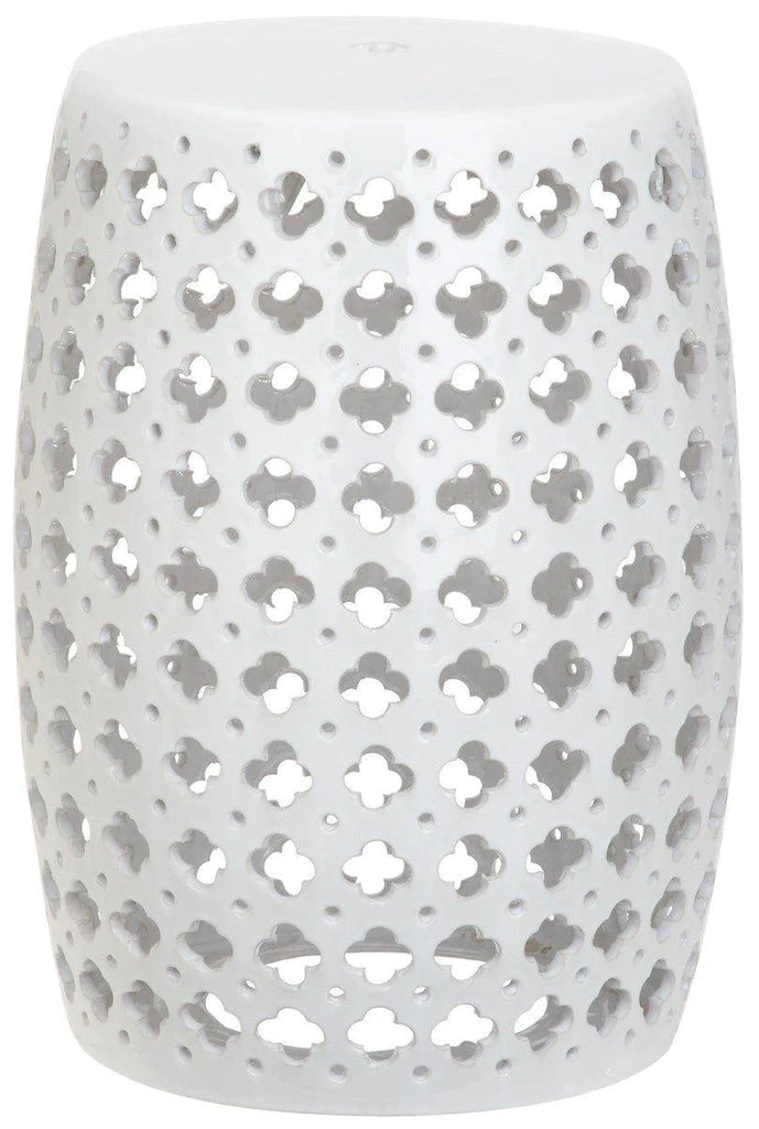Pierced Quatrefoil Indoor-Outdoor Ceramic Garden Stool In White - Garden Stools & Benches - The Well Appointed House
