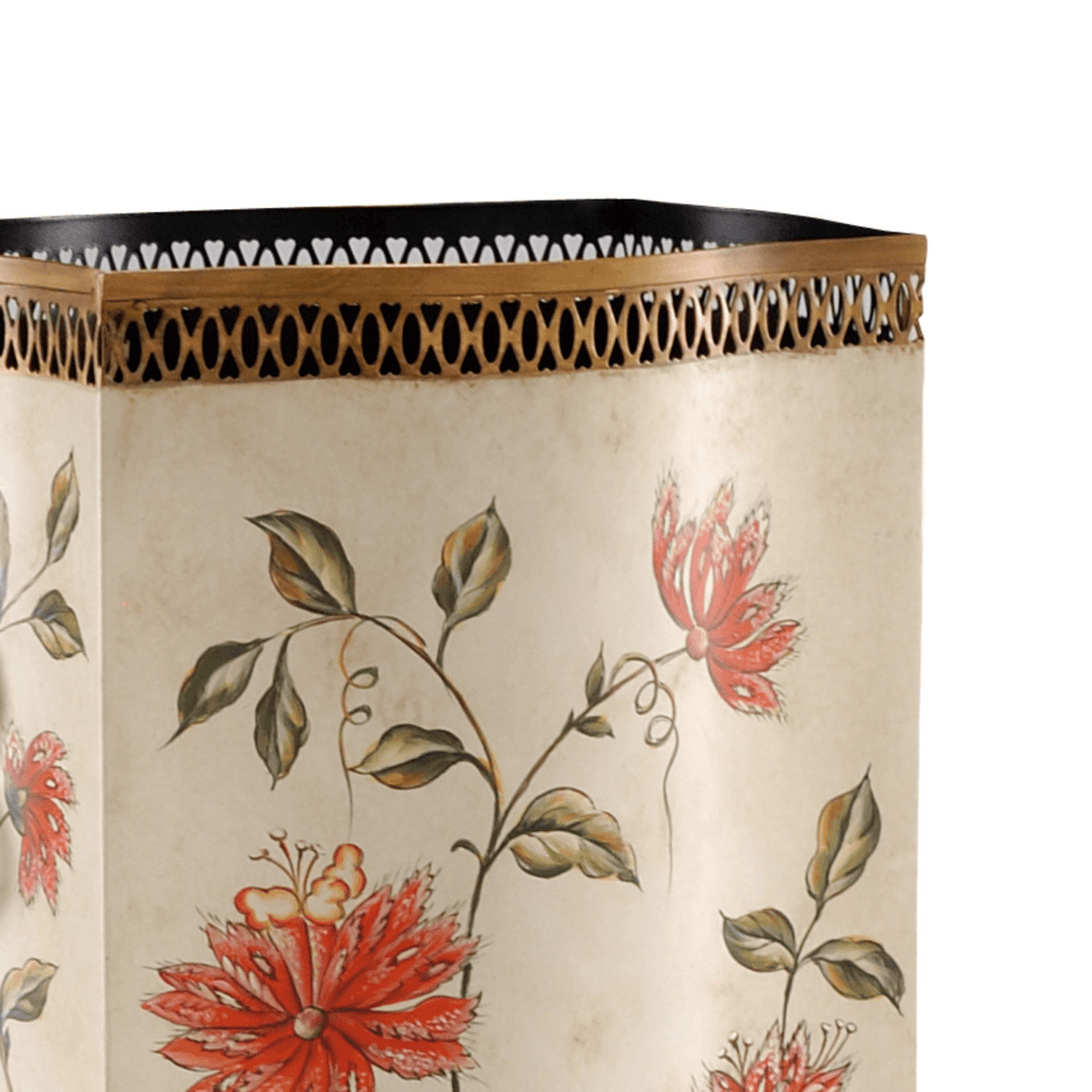 Pink Floral Handpainted Tole Wastebasket - Wastebasket - The Well Appointed House
