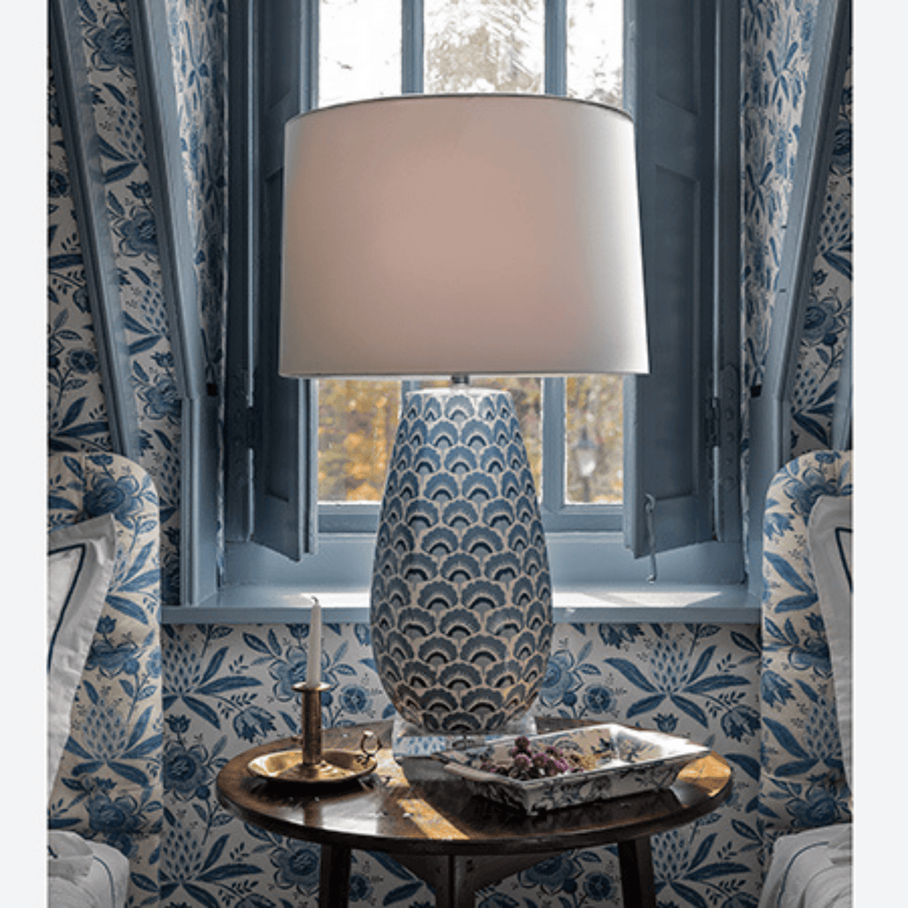 Porcelain Hexagon Lamp With Blue Fan Motif & Drum Shade - Table Lamps - The Well Appointed House