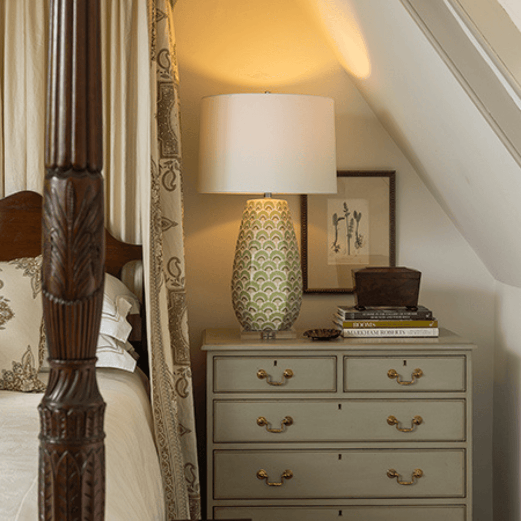 Porcelain Hexagon Lamp With Green Fan Motif & Drum Shade - Table Lamps - The Well Appointed House