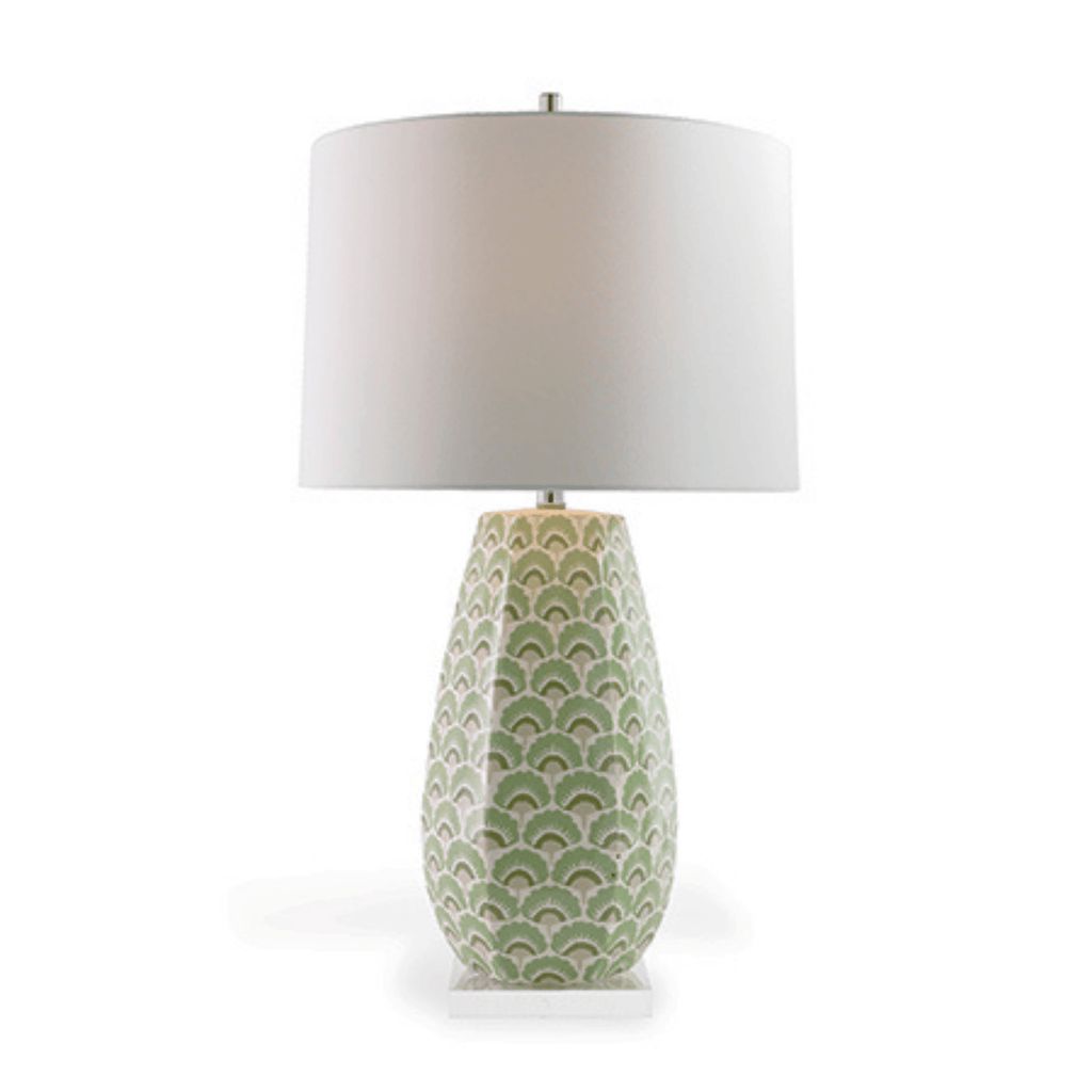 Porcelain Hexagon Lamp With Green Fan Motif & Drum Shade - Table Lamps - The Well Appointed House