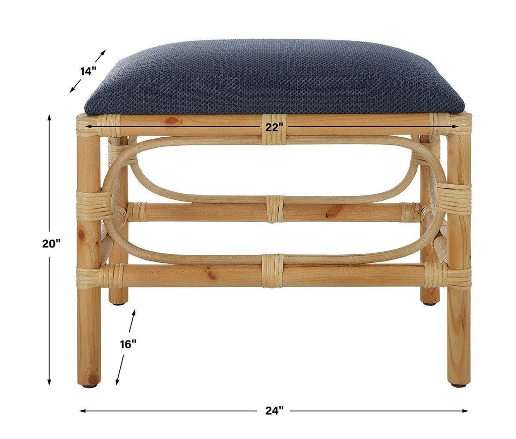 Rattan Wrapped Small Wooden Bench With Navy Upholstered Seat - Ottomans, Benches & Stools - The Well Appointed House