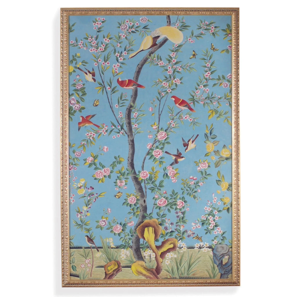 Red Birds on Blue Chinoiserie Panel Watercolor on Silk Wall Art - Paintings - The Well Appointed House