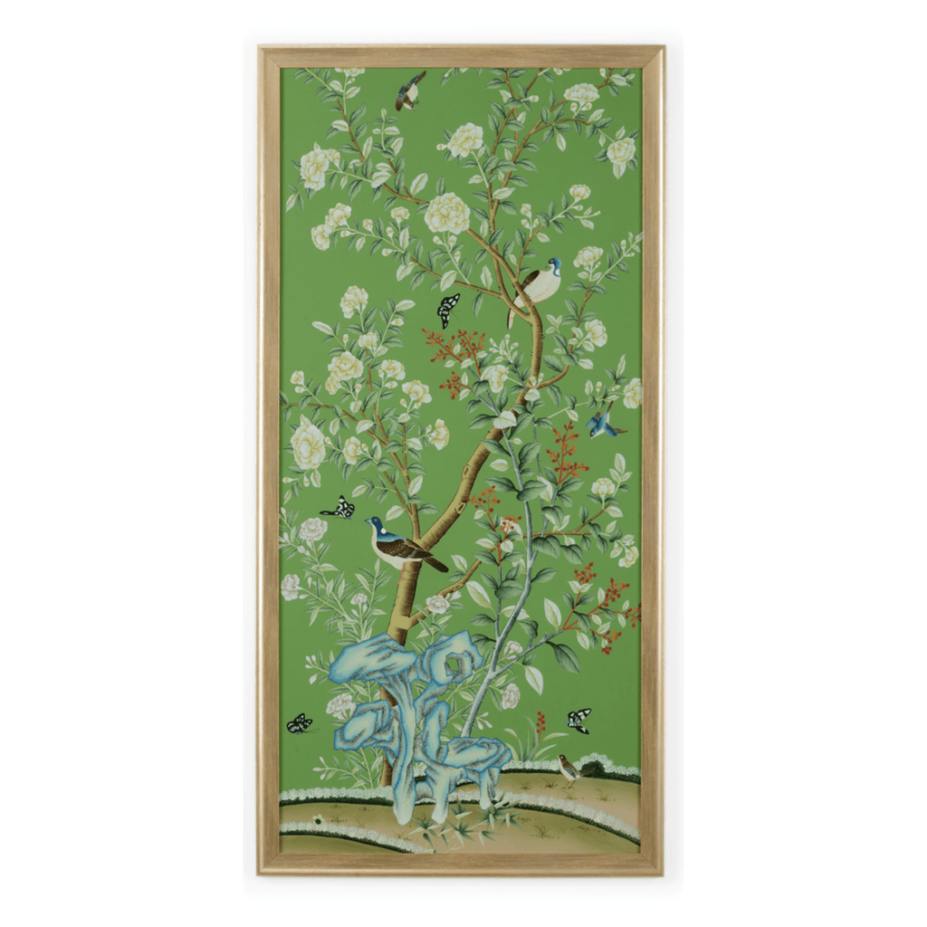Regent Park In Green II Chinoiserie Panel Framed Wall Art With Birds and Flowers - Paintings - The Well Appointed House