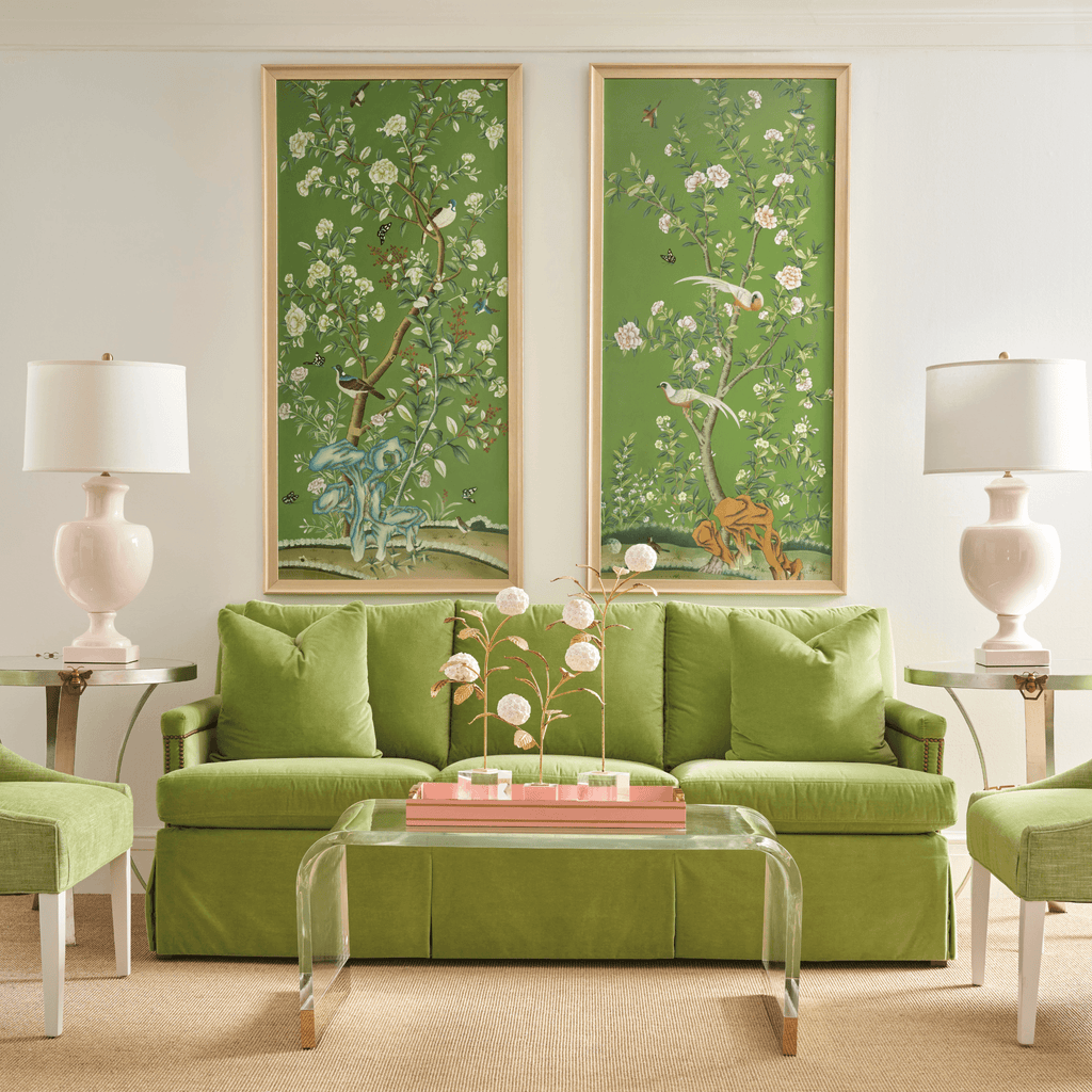 Regent Park In Green II Chinoiserie Panel Framed Wall Art With Birds and Flowers - Paintings - The Well Appointed House