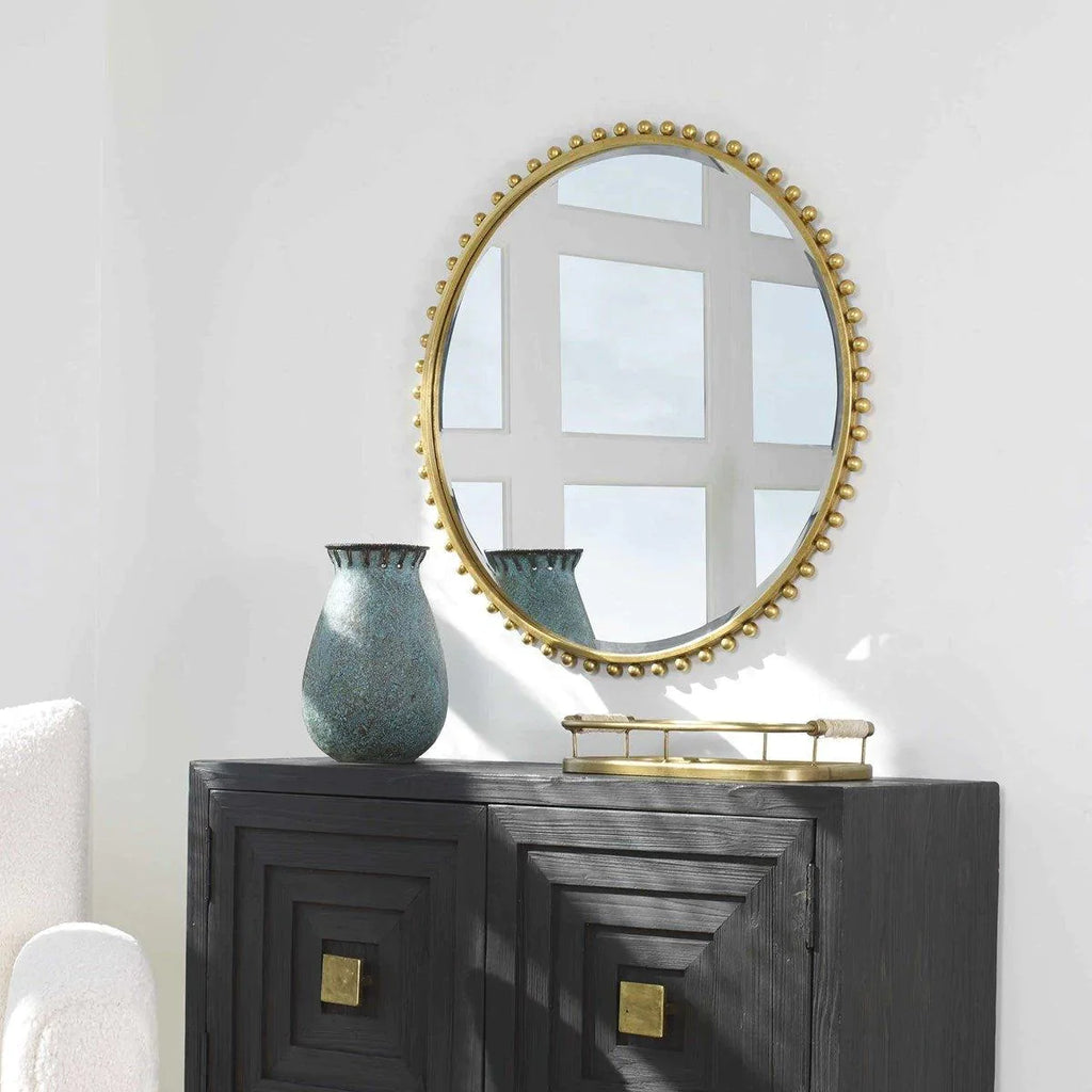 Round Gold Leaf Iron Sphere Trimmed Wall Mirror - Wall Mirrors - The Well Appointed House