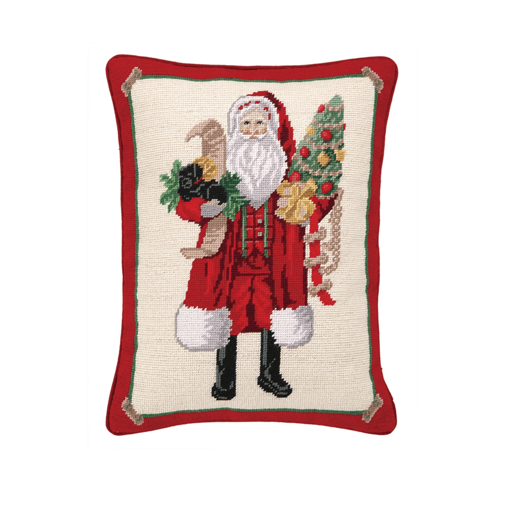 Santa and Black Puppy Needlepoint Throw Pillow - Christmas Pillows - The Well Appointed House