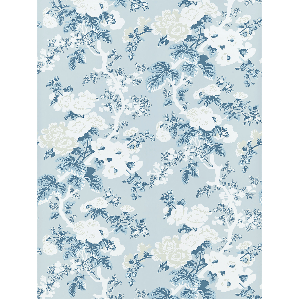 Scalamandre Ascot Floral Print Wallcovering in Sky Blue & White - Wallpaper - The Well Appointed House