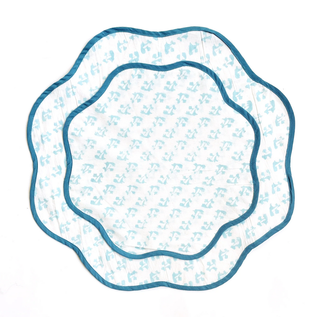 Set Of Four Scalloped Hand Stamped Teal Placemats - The Well Appointed House