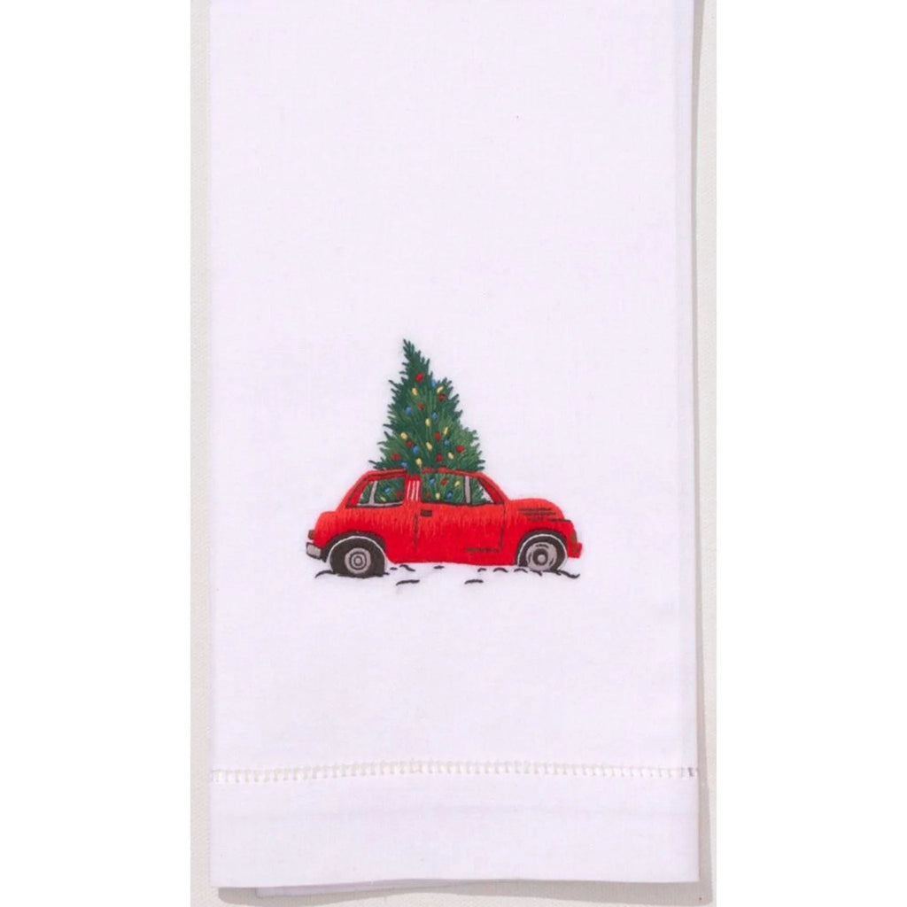 Set of 2 Christmas Tree Car Embroidered Holiday Hand Towels - Christmas Hand Towels - The Well Appointed House