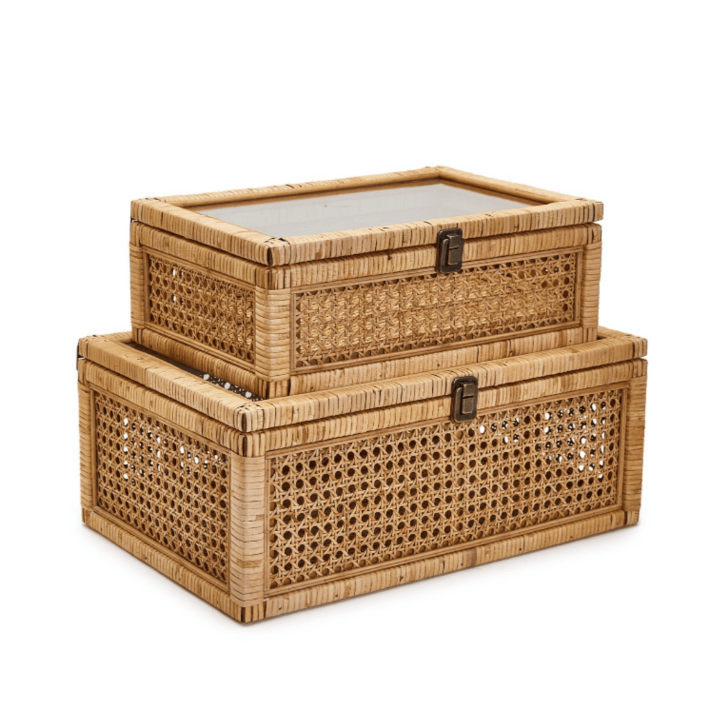 Set of 2 Hand-Crafted Rattan Decorative Storage Boxes with Glass Lid and Latch - Decorative Boxes - The Well Appointed House