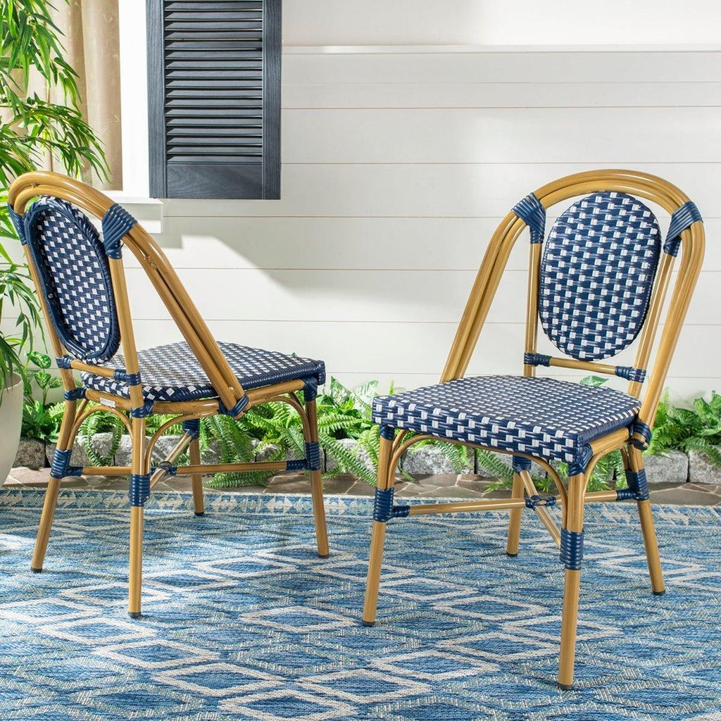 Set of 2 Navy and White Outdoor Rattan French Bistro Dining Side Chairs - Outdoor Dining Tables & Chairs - The Well Appointed House