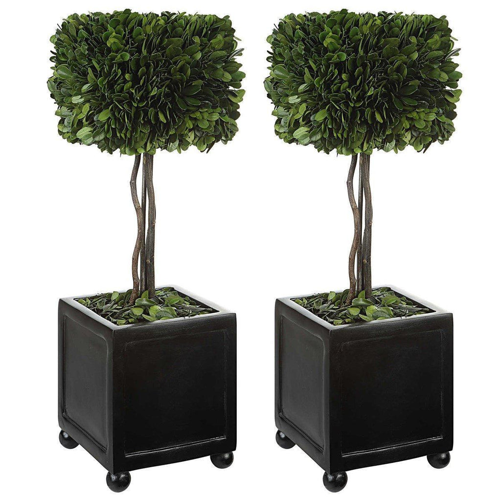 Set of 2 Square Faux Boxwood Topiaries in Black Ball Footed Planters - Florals & Greenery - The Well Appointed House