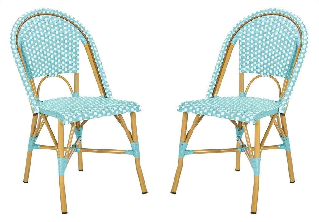 Set of 2 Teal and White Indoor-Outdoor French Bistro Stacking Side Chairs - Outdoor Dining Tables & Chairs - The Well Appointed House