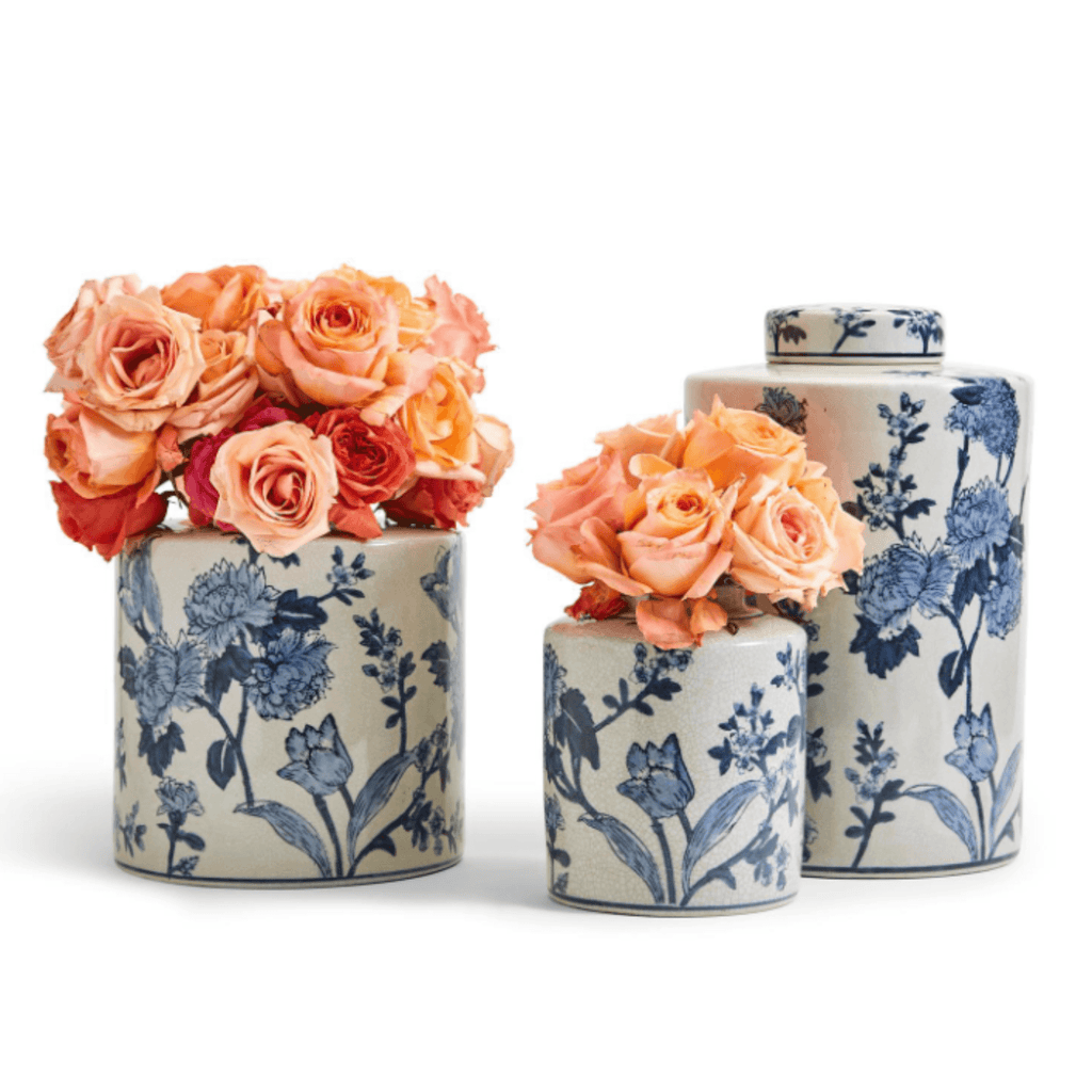 Set of 3 Porcelain Blue and White Japanese Blossom Tea Jars With Crackle Finish - Vases & Jars - The Well Appointed House