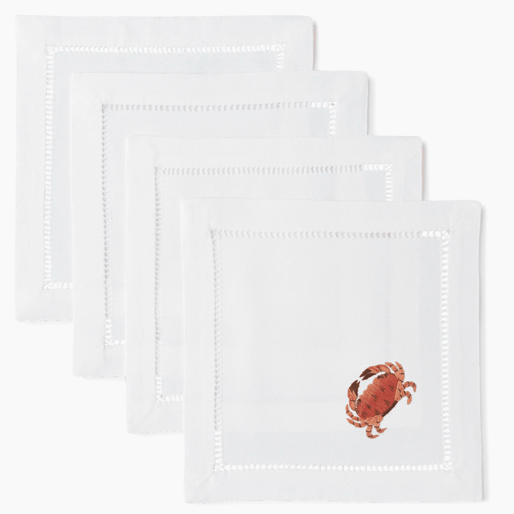 Set of 4 Crab Design Embroidered Cocktail Napkins - Cocktail Napkins - The Well Appointed House