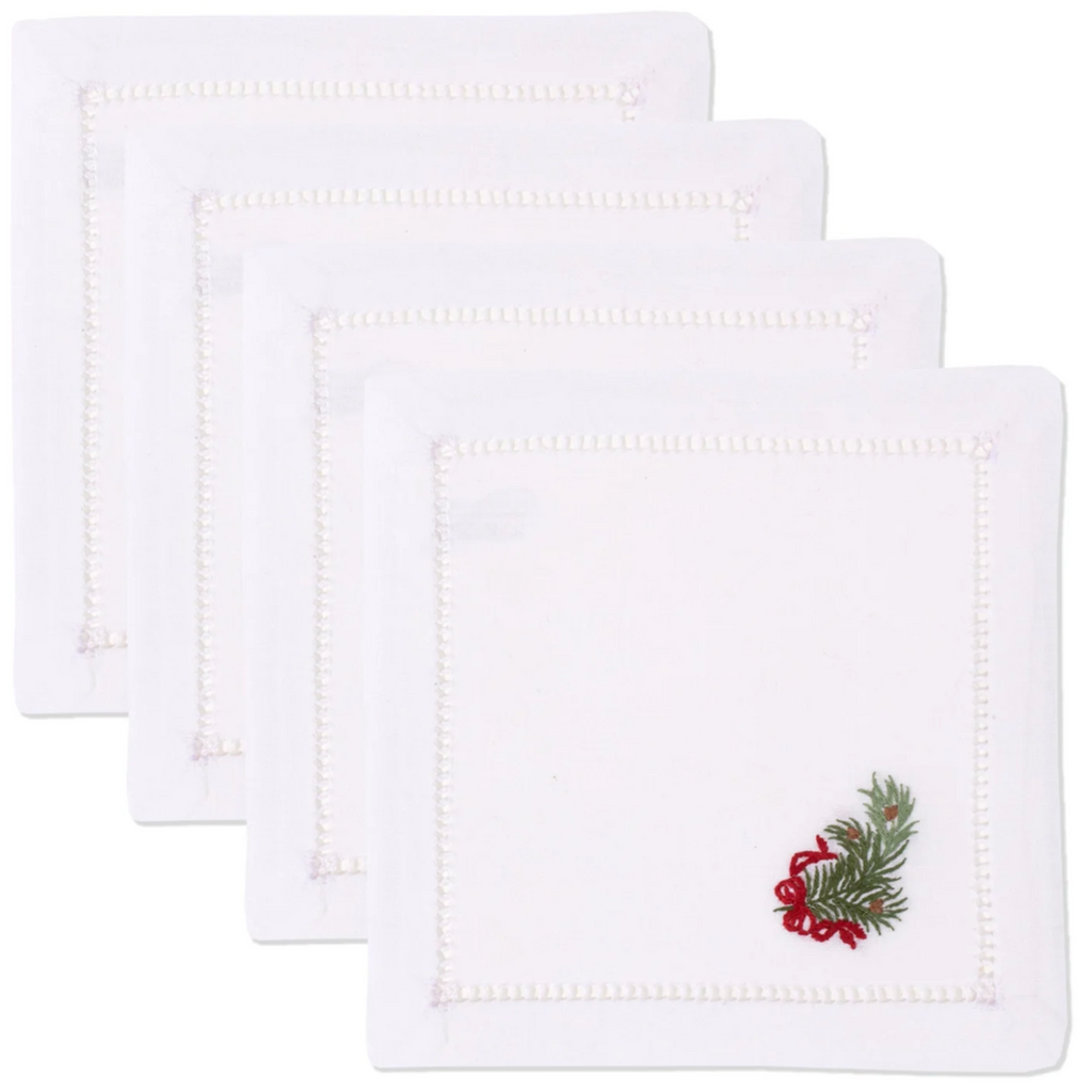 Set of 4 Pine Bough Ribbon Christmas Cocktail Napkins - The Well Appointed House