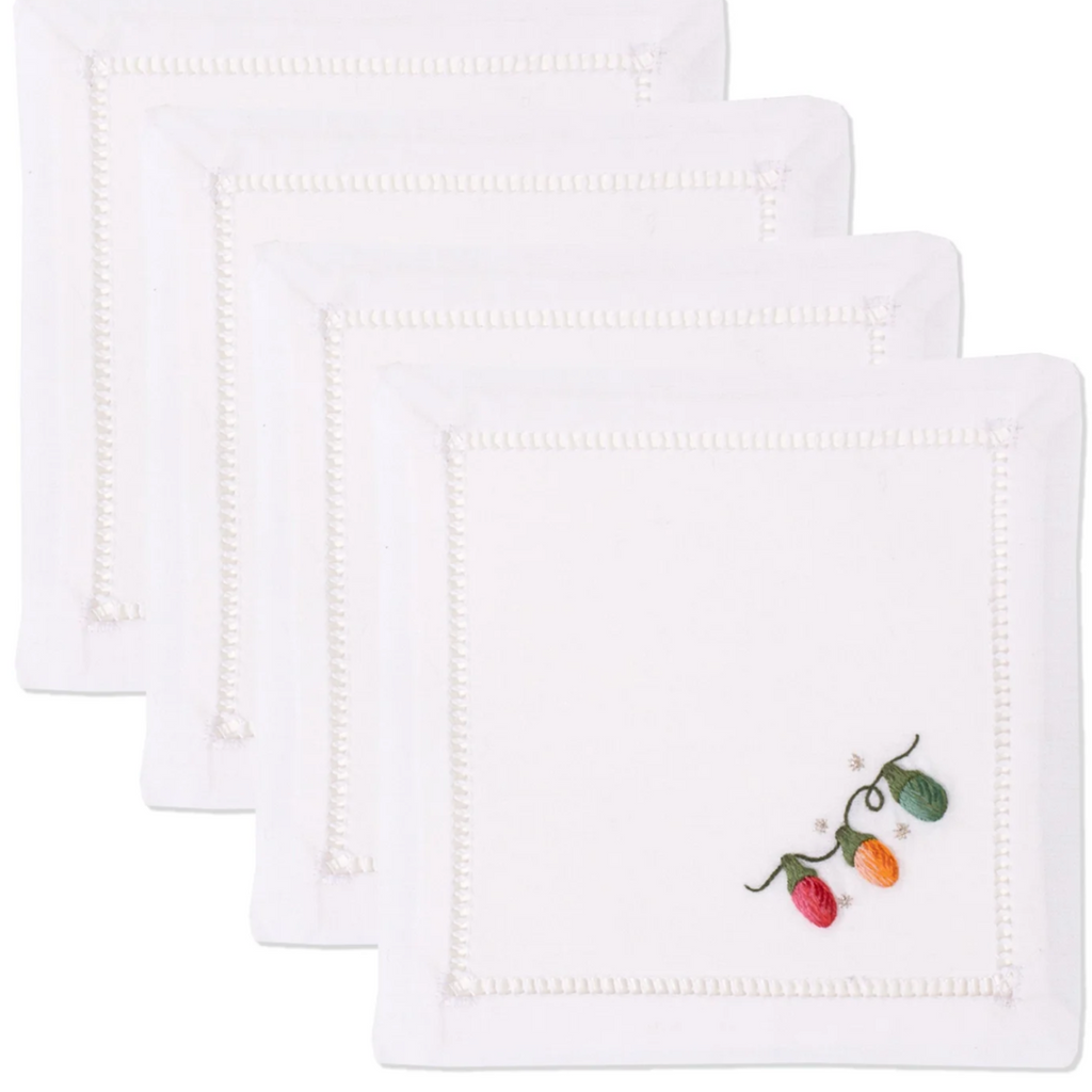Set of 4 White Cotton Holiday Christmas Lights Cocktail Napkins - Cocktail Napkins -  The Well Appointed House