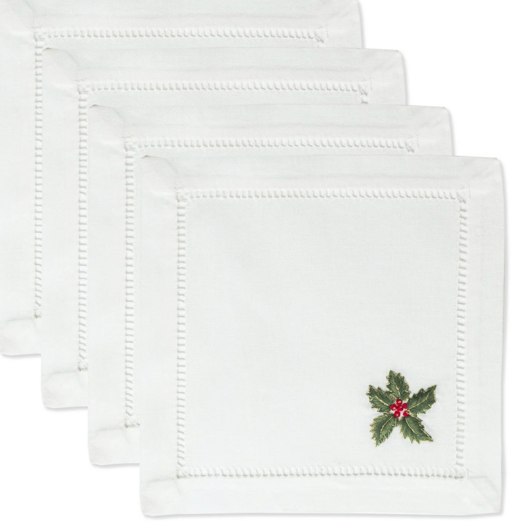 Set of 4 White Cotton Holly Christmas Cocktail Napkins - Cocktail Napkins -  The Well Appointed House