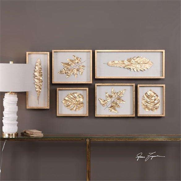 Set of 6 Silk Fabric Golden Leaves in Wooden Shadow Box Finished with Gold Leaf - Framed Objects, Maps & Posters - The Well Appointed House