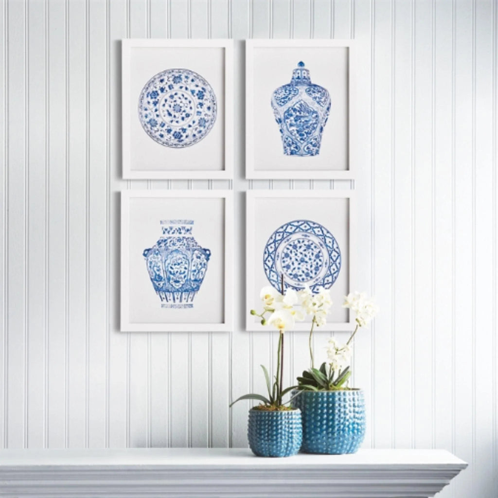 Set of Four Blue and White Dynasty Petite Prints in Gray Frames - Paintings - The Well Appointed House